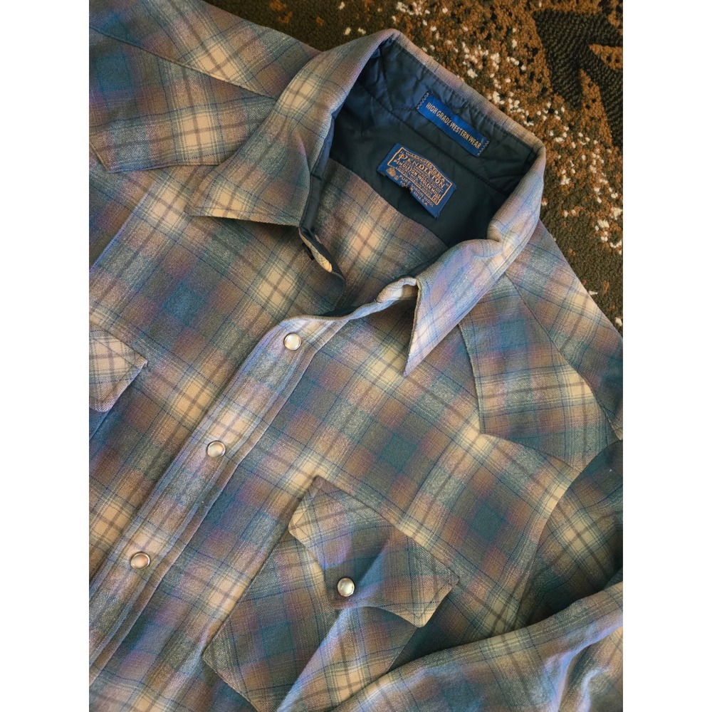 Pendleton High Grade Western Wear Wool Pearl Snap Plaid Shirt Blue Tan XL USA